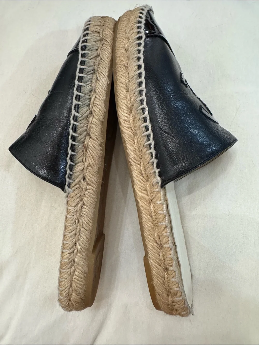 CHANEL Black Leather CC Logo Espadrille Mules